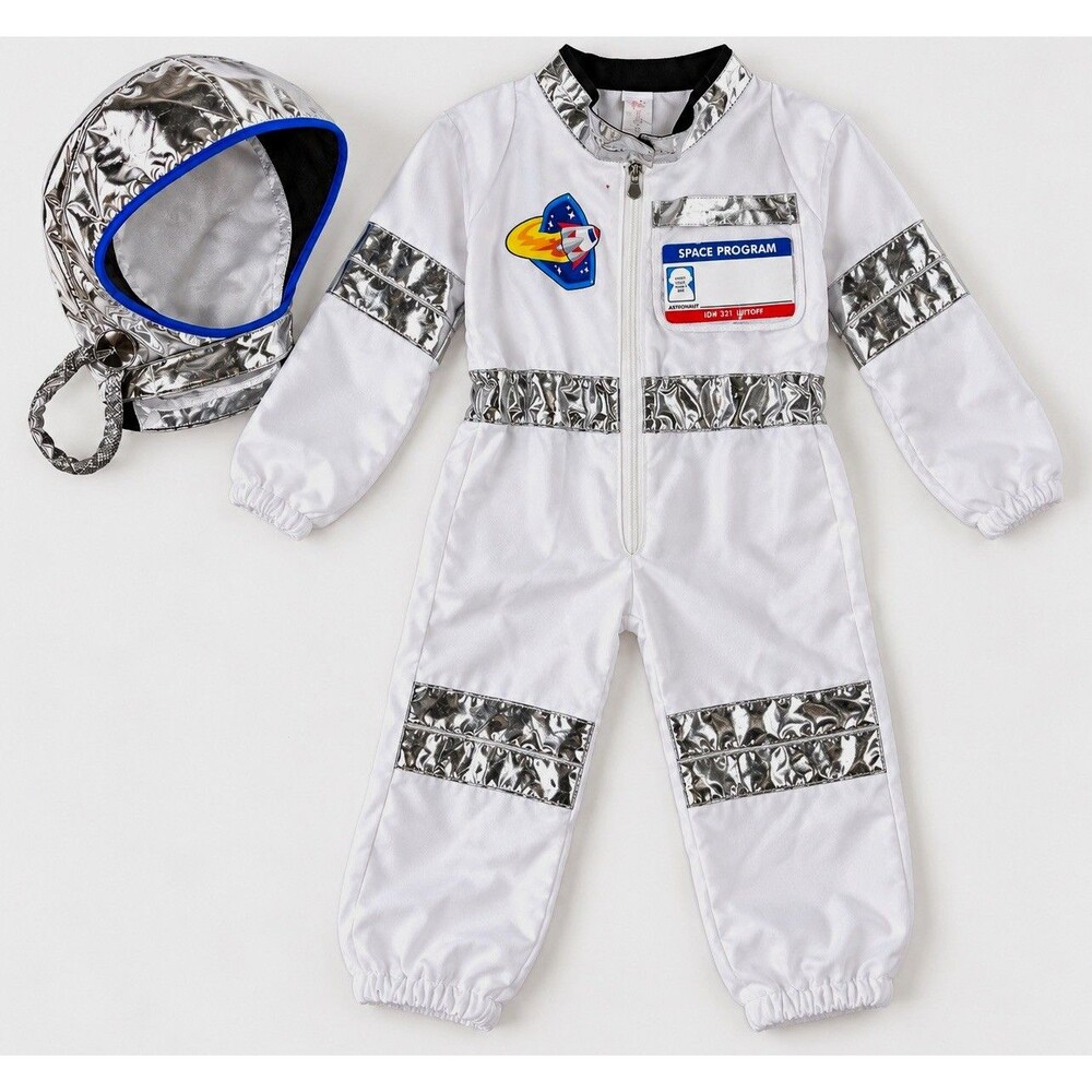 Melissa & Doug Kids Astronaut Jumpsuit Costume One Size Hooded White/Silver